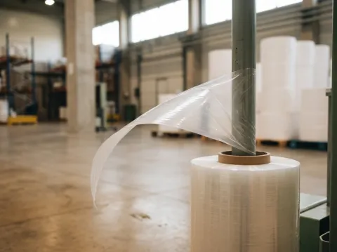 A roll of stretch film loaded on a pallet wrapper